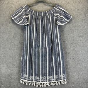Embroidered Linen Dress Small Boho Beach Coastal Striped Pockets Off Shoulder
